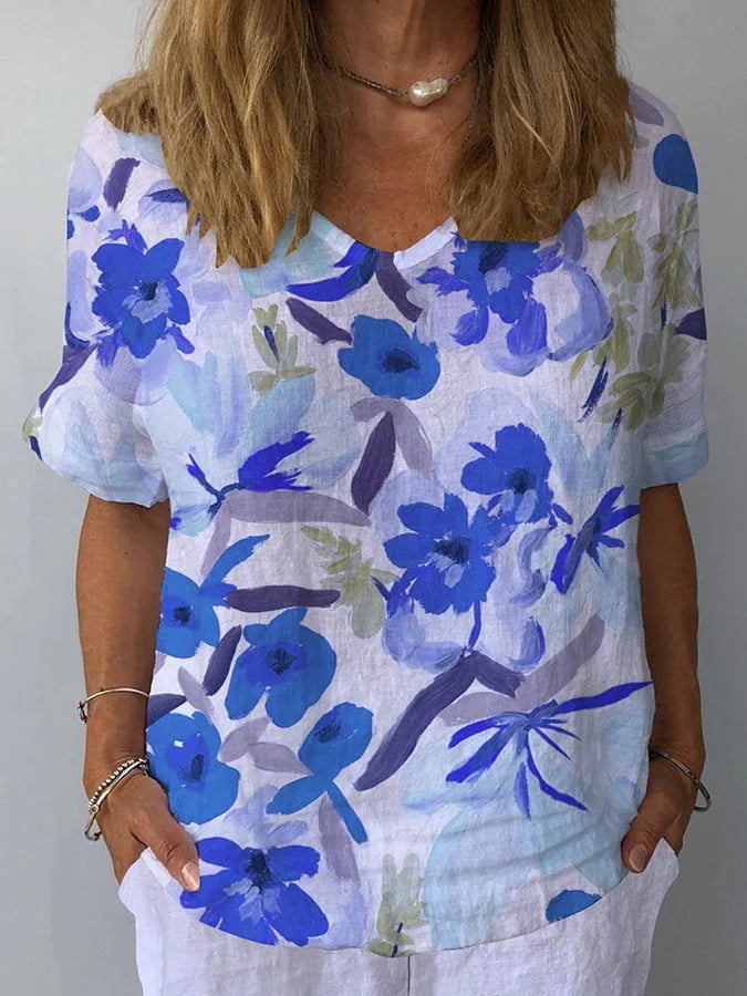 Elina Retro Floral Linen Top